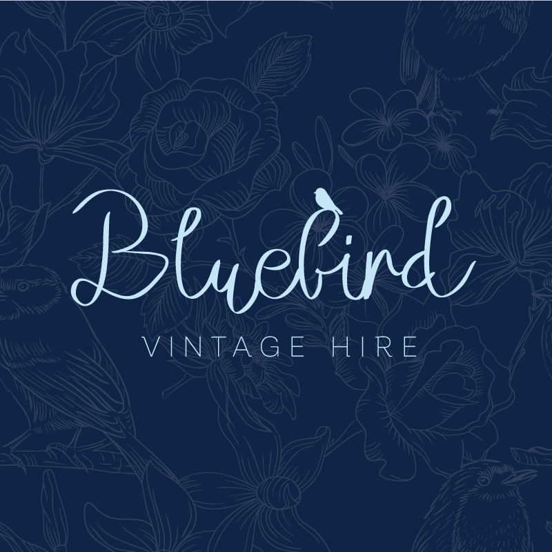 Bluebird vintage hire pastel blue logo over navy background