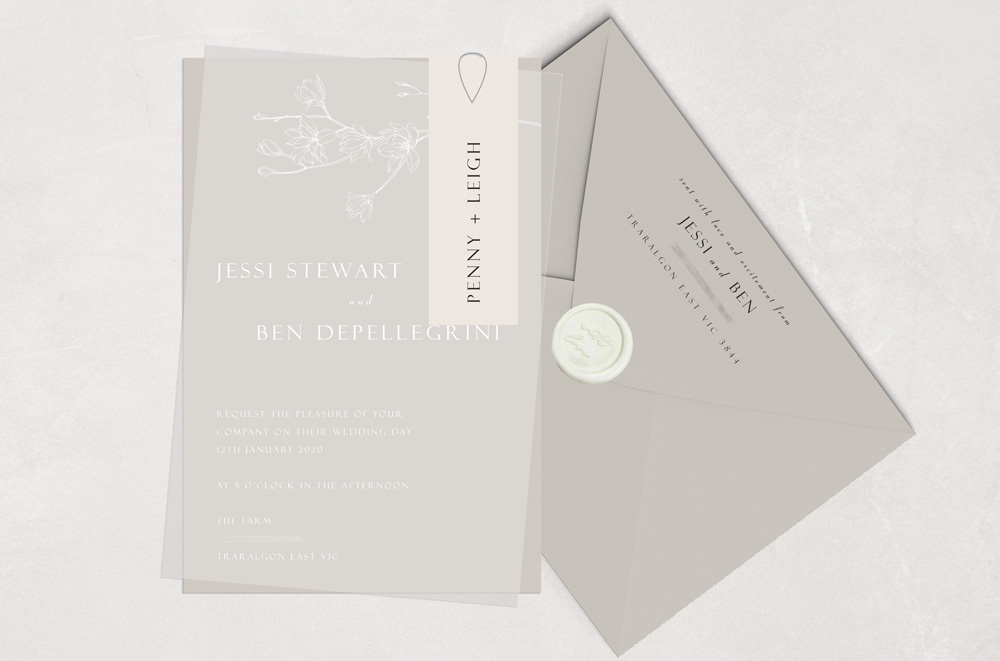 Stone digital print invitation matched with white ink vellum overlay and stone coloured name tags wedding invitations